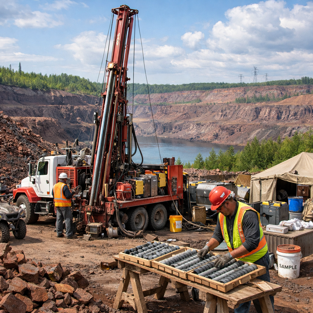 Workers analyzing cylindrical core samples at open-pit mining site with drilling rig