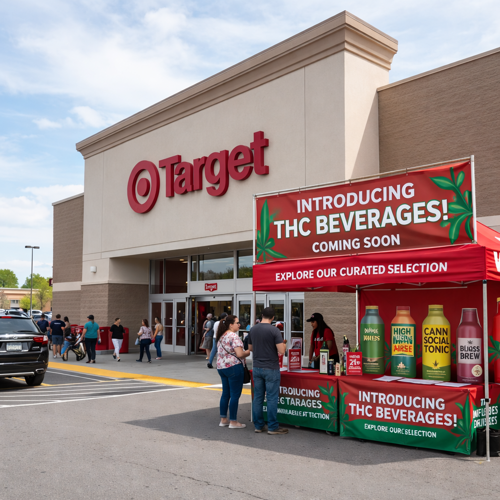 Promotional booth for THC beverages outside Target store entrance with customers interacting