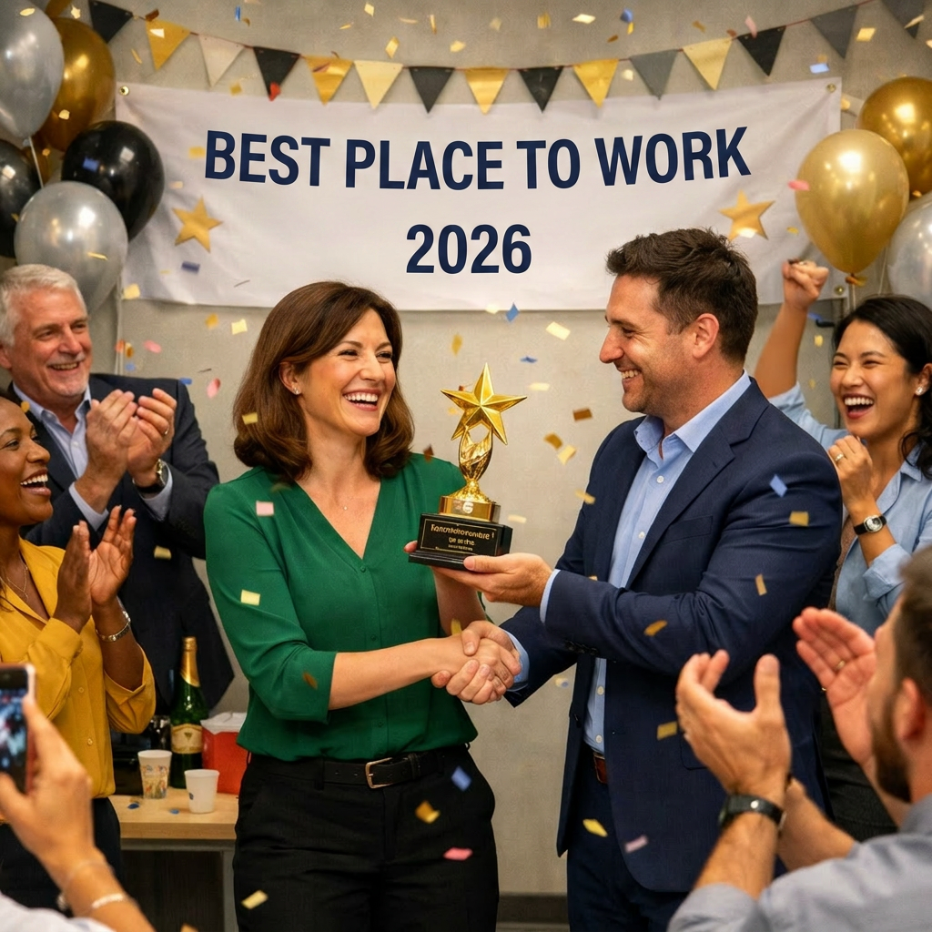 Woman receiving Employee of the Year trophy from man as colleagues cheer and applaud