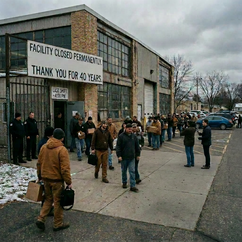 Workers exiting closed factory building with sign reading 'Facility closed permanently. Thank you for 40 years.'