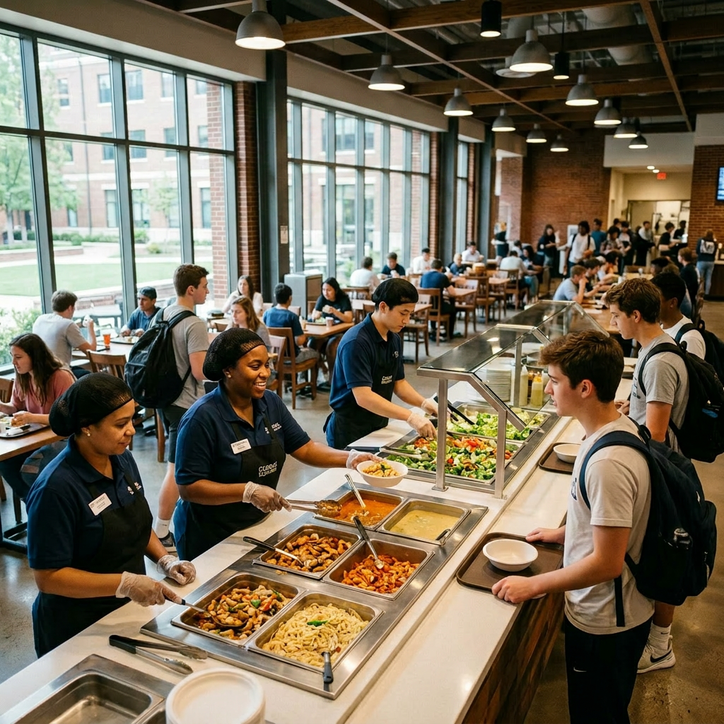 Campus dining Global Flavors Station with staff serving varied dishes to students