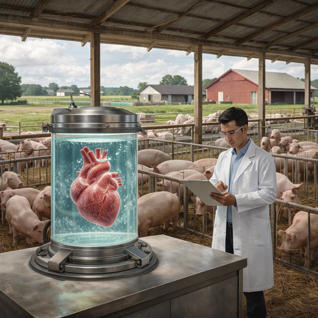 Artificial human hearts growing in futuristic laboratory tanks with scientists examining data