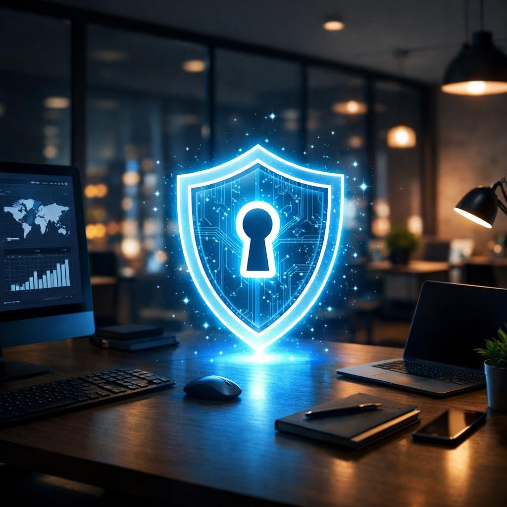 Glowing shield with keyhole representing cybersecurity on office desk.