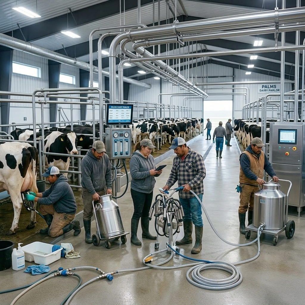 Six farm workers wearing boots and casual work clothes standing on a dirt path with cows and tractors in the background