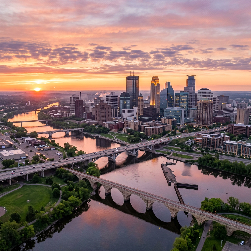 Aerial view of Minneapolis skyline with Mississippi River and historic bridges at sunset