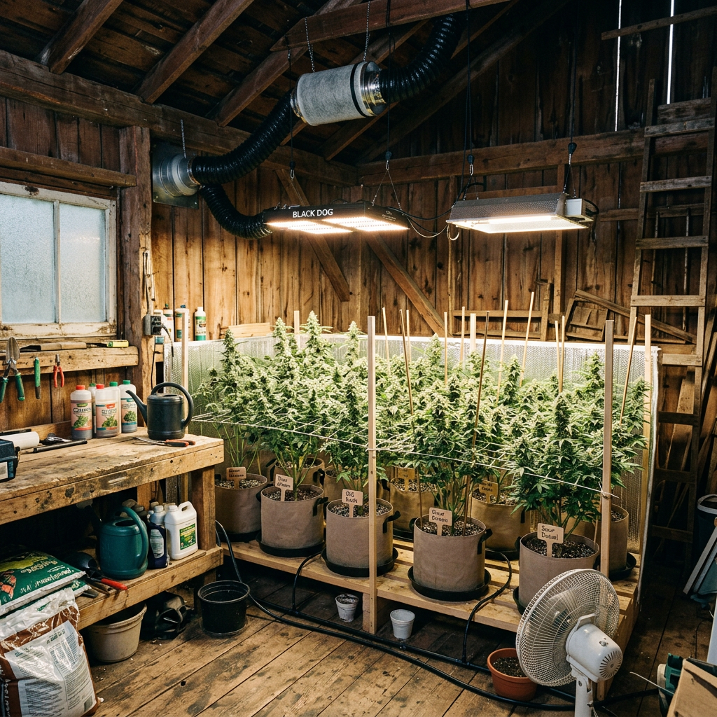 Cannabis plants growing indoors in pots under hanging grow lights with ventilation system