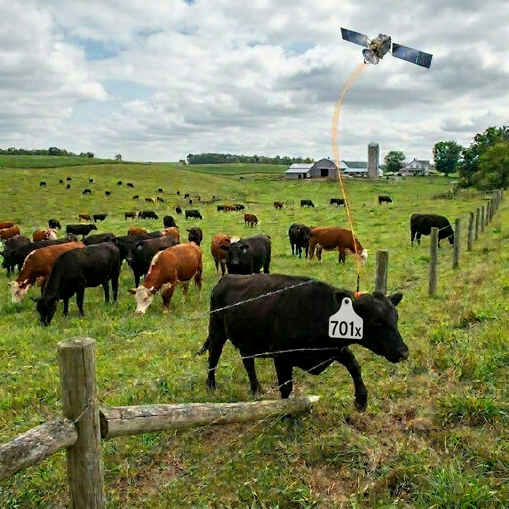 Cow in pasture wearing GPS tracking collar transmitting data to satellite