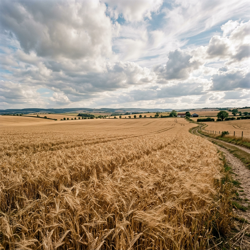 Expansive wheat field with a dirt path running along the right side and scattered trees in the distance