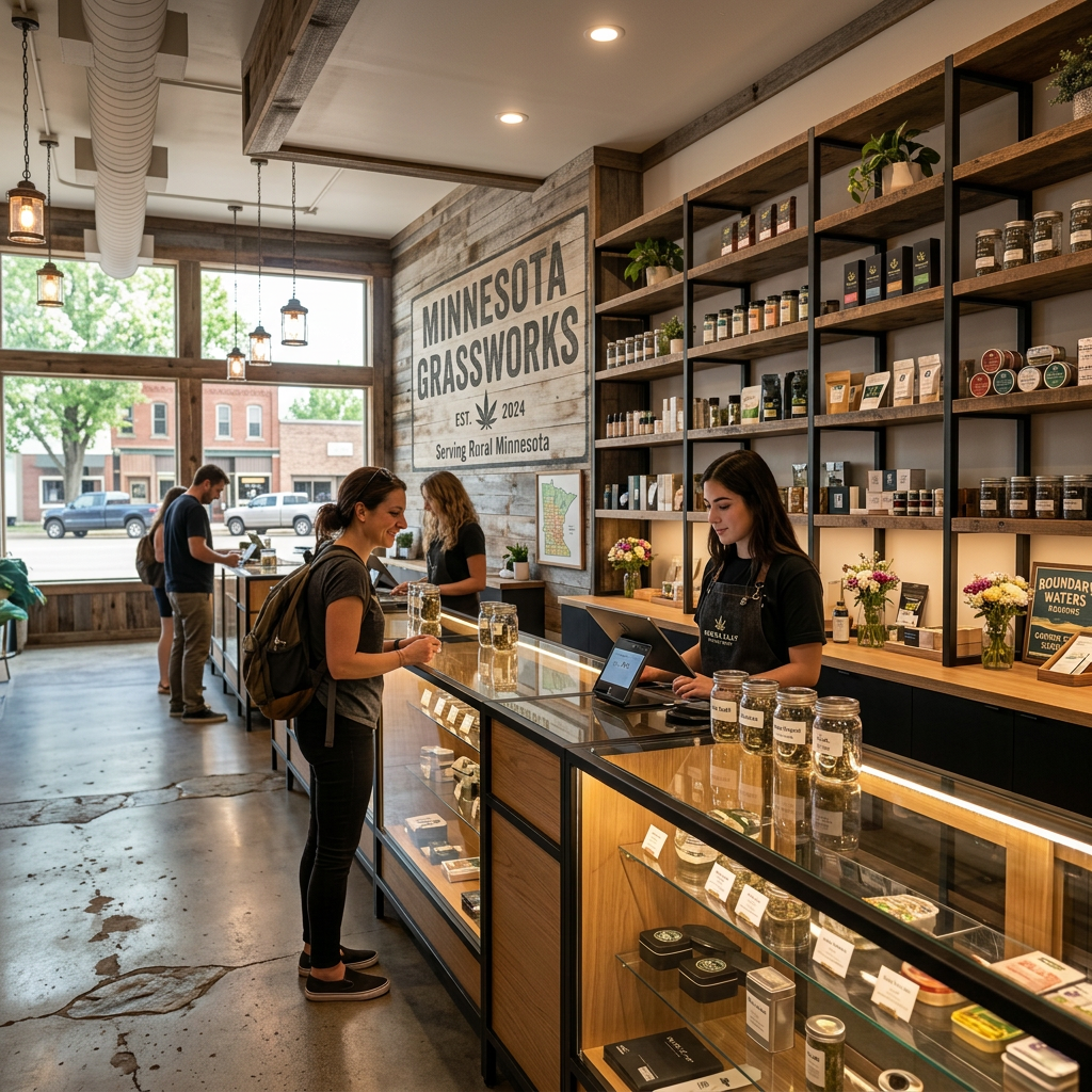 Customer talking to employee at Green Leaf Provisions dispensary counter with products on shelves