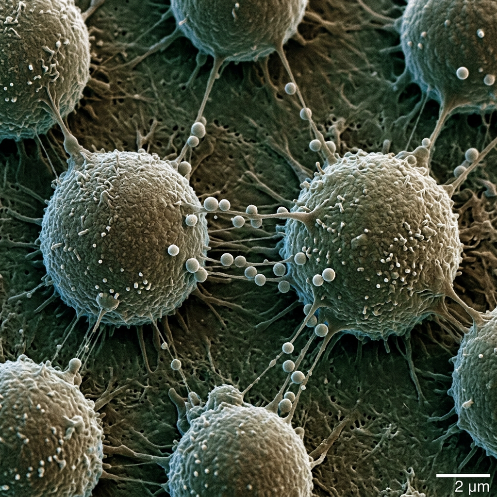 Microscopic spherical cells connected by multiple thin filamentous extensions with small spherical structures