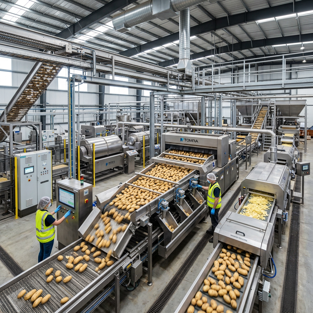 Industrial potato sorting and processing machines with workers in safety gear