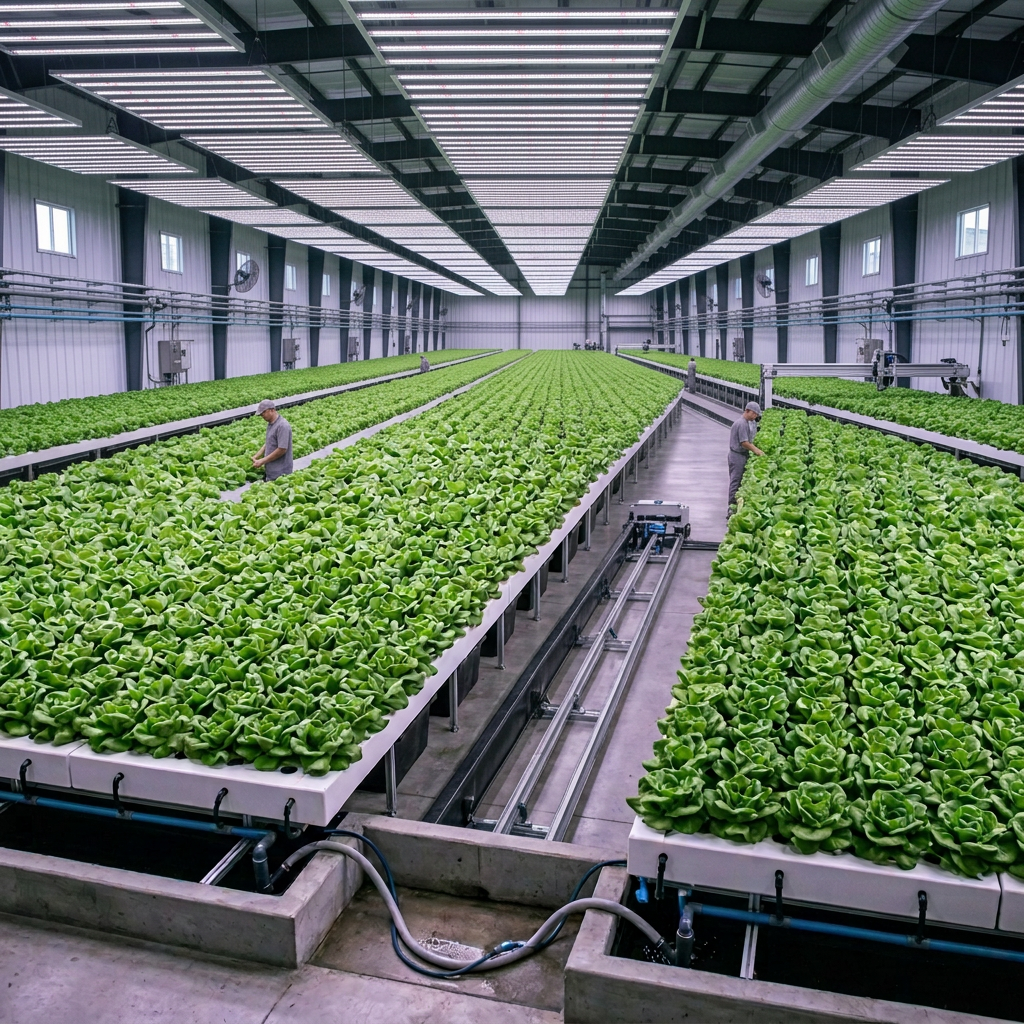 Rows of green lettuce growing hydroponically indoors with workers inspecting plants
